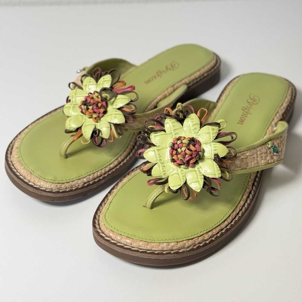 Brighton Orchid Flip Flops Womens Size 6.5 Green Leather Slip On Sandals - Picture 1 of 13